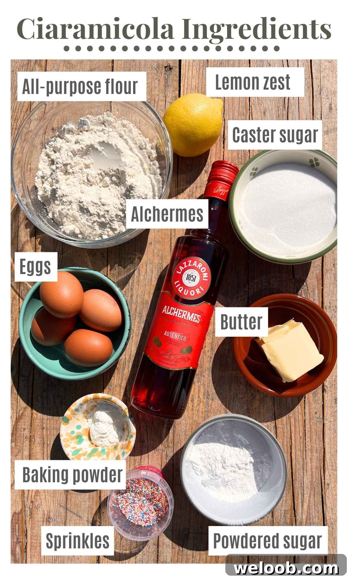All the ingredients needed to make a Ciaramicola bundt cake laid out flat on a wooden surface.