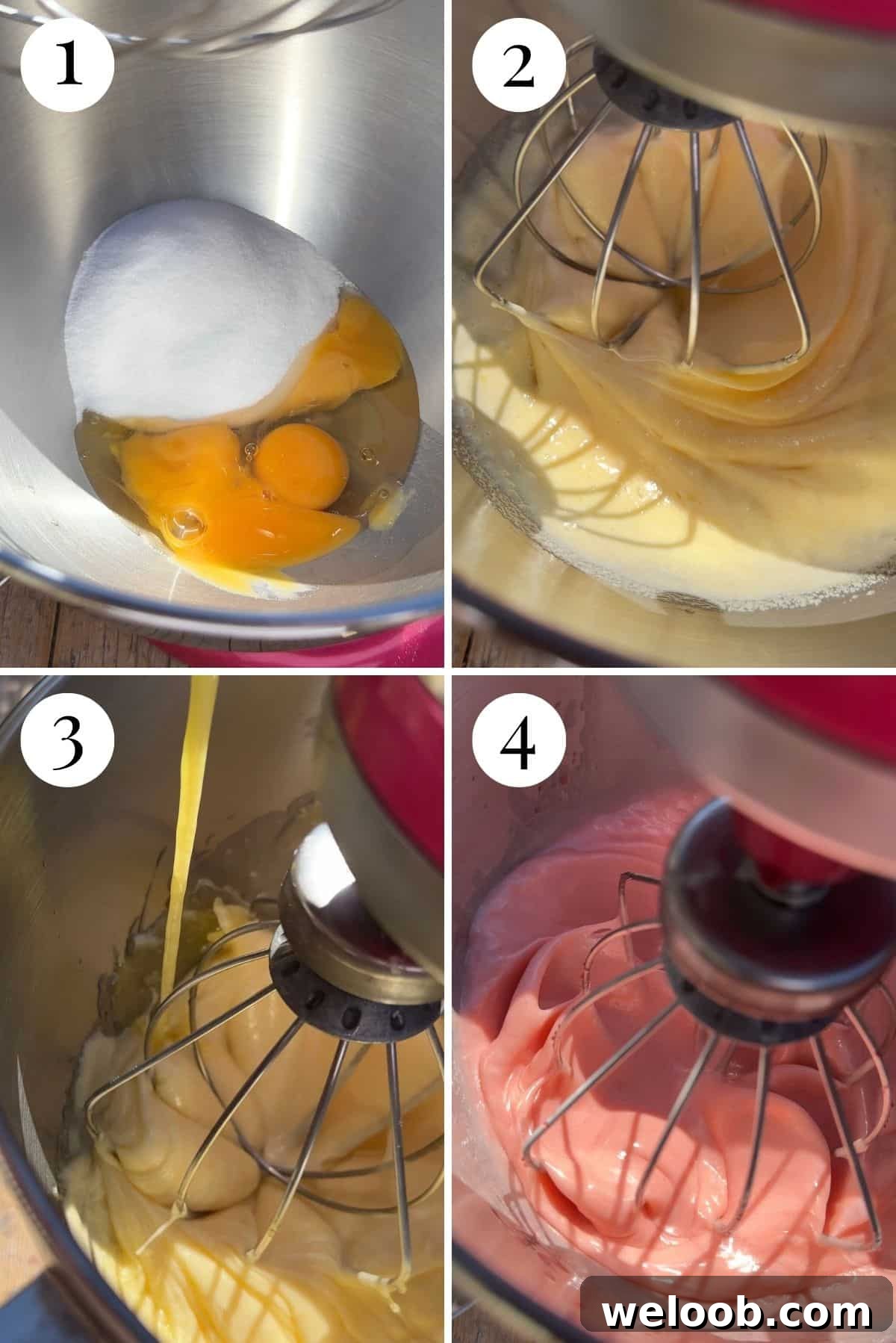 Four photos showing how to make a bundt cake batter with eggs, sugar, butter and alchermes.