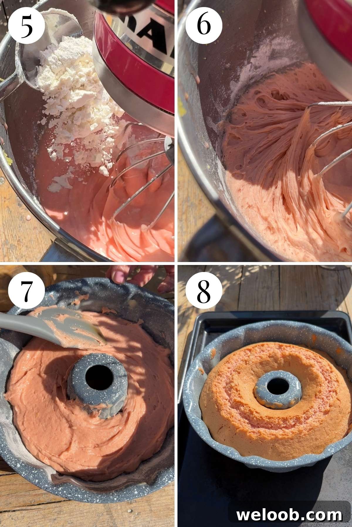 Four photos showing how to add flour to cake batter, add it to a bundt pan and bake it.