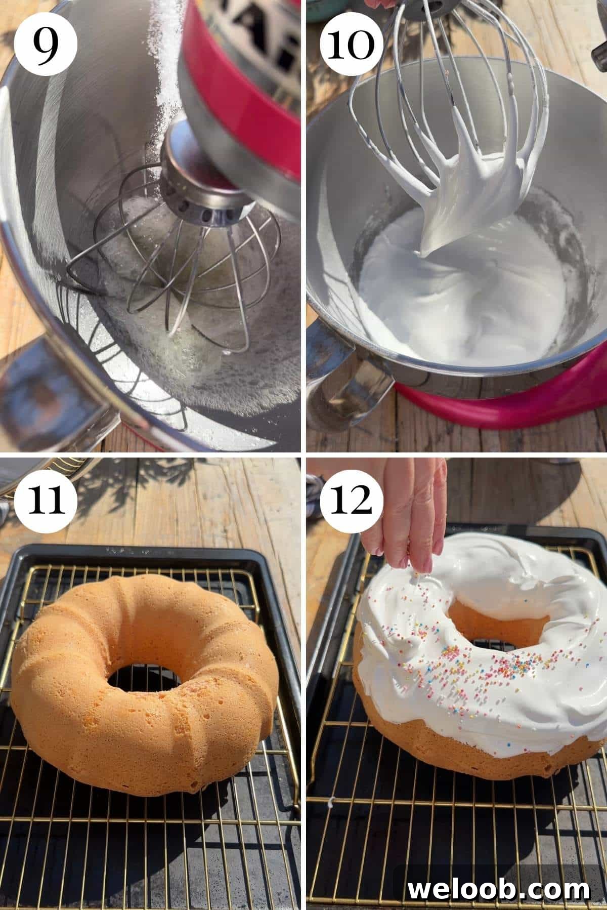 Four photos in a collage showing how to make a meringue topping and top the bundt cake with meringue and sprinkles.