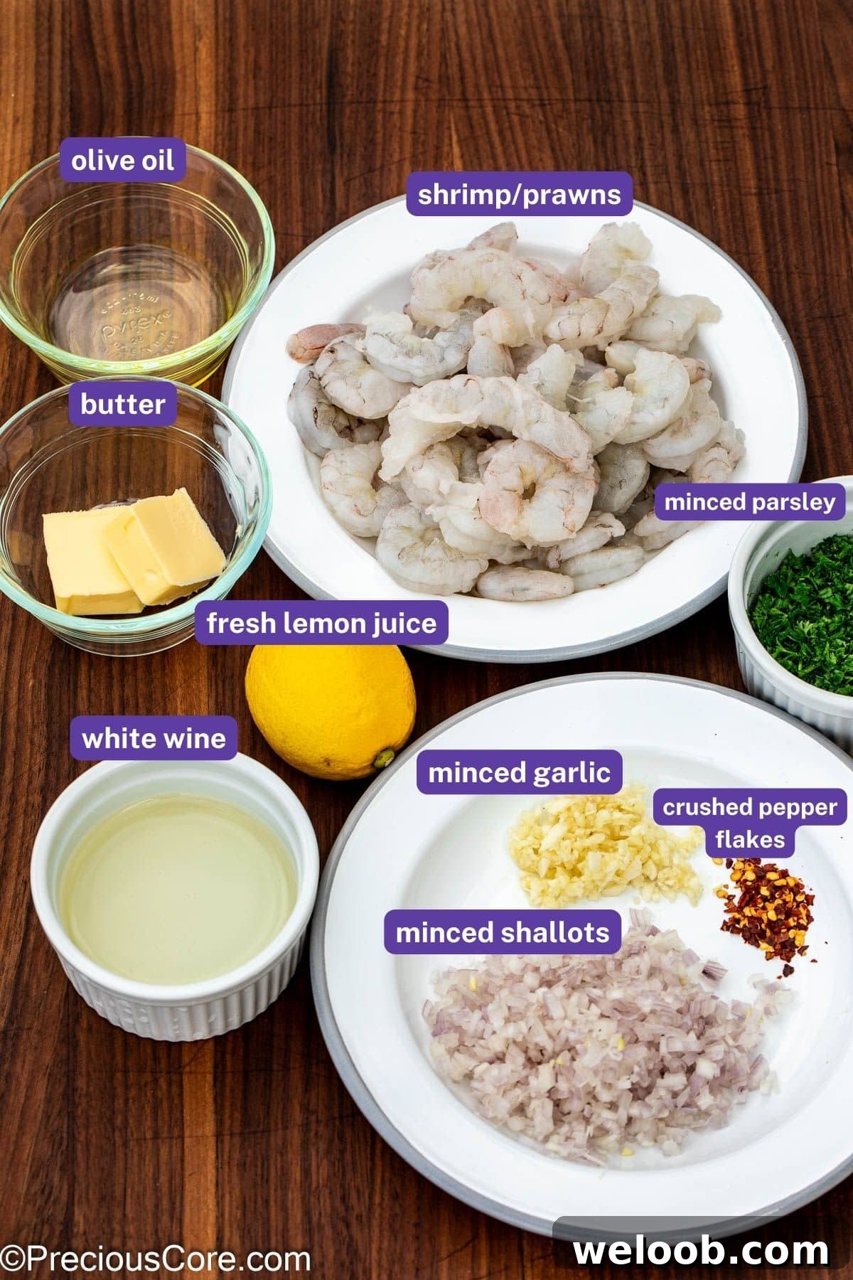 Ingredients for Shrimp In White Wine sauce with labels on them.