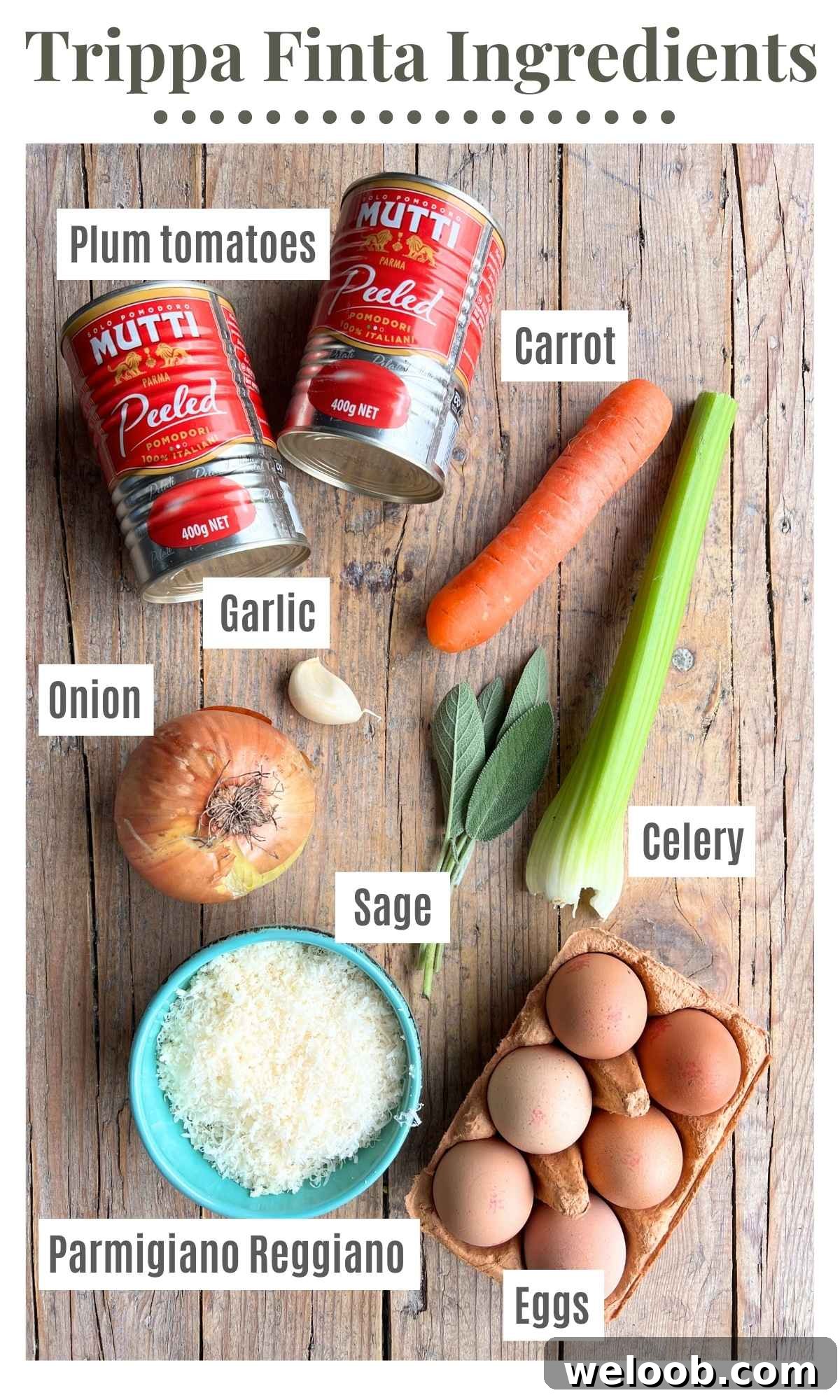 All the ingredients needed to make Trippa Finta laid out on a wooden surface.