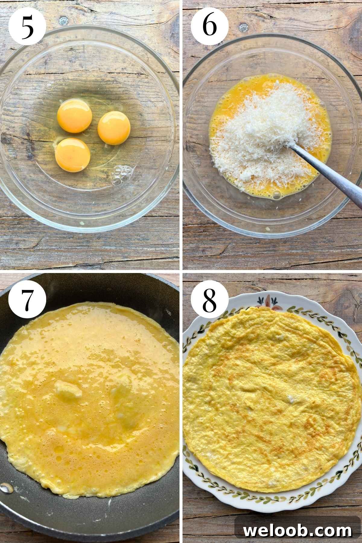 Four photos in a collage showing how to make a cheesy omelette.