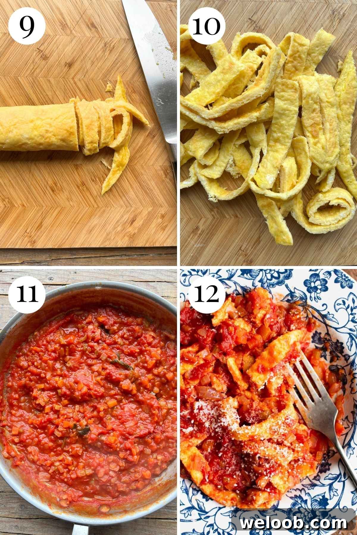 Four photos in a collage showing how to cut an omelette into strips and add them to sauce.