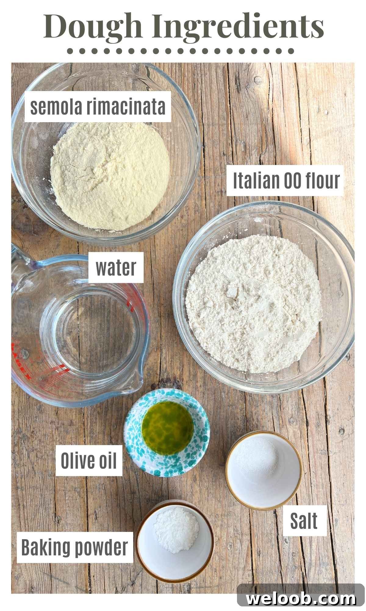 All the ingredients to make lingue di pizza dough in bowls; flour, semola, baking powder, salt, olive oil and water.