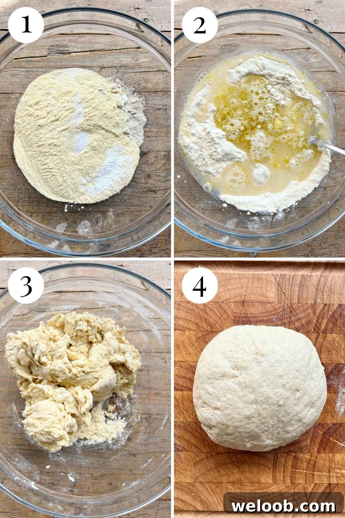 Four photos in a collage showing how to make a simple yeast-free pizza dough.