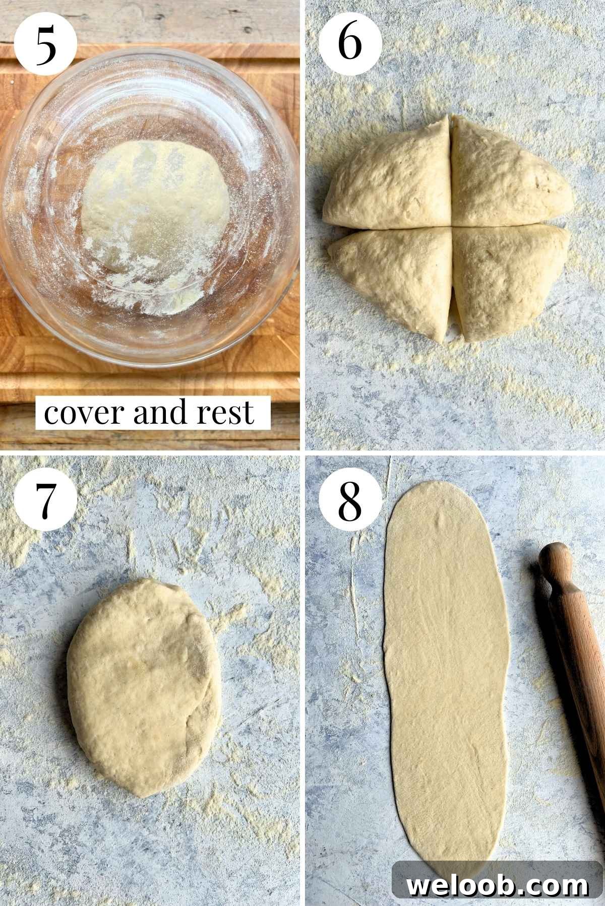 Four photos in a collage showing how to roll out lingue di pizza.