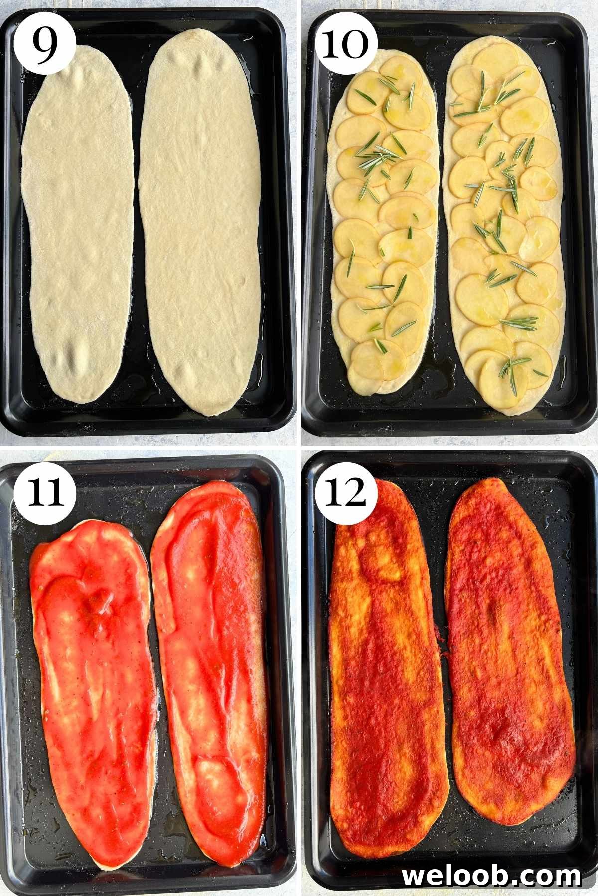 Four photos in a collage showing how to make and bake long and thin crispy pizzas.