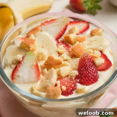 Square image of strawberry banana pudding.