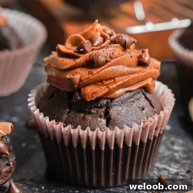 Square image of a chocolate cupcake for thumbnail.
