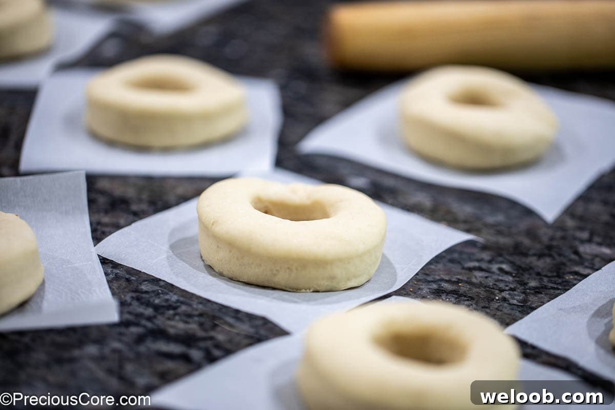 Cut out donuts on parchment paper squares.