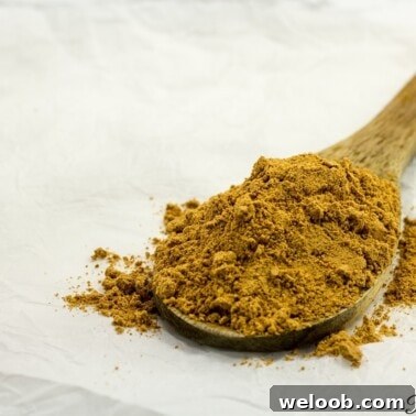 A wooden spoon filled with West African Suya spice.