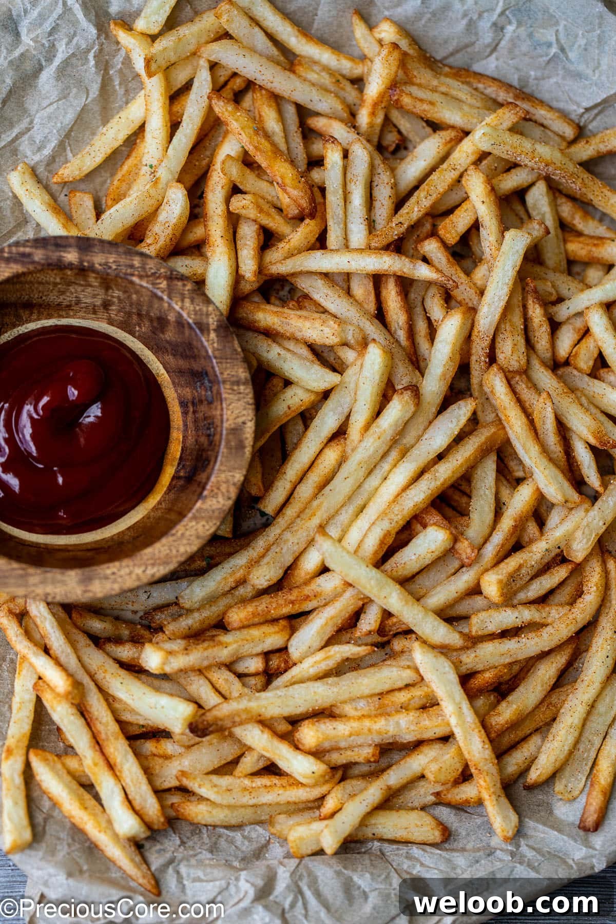 Close-up of fries and ketchup.