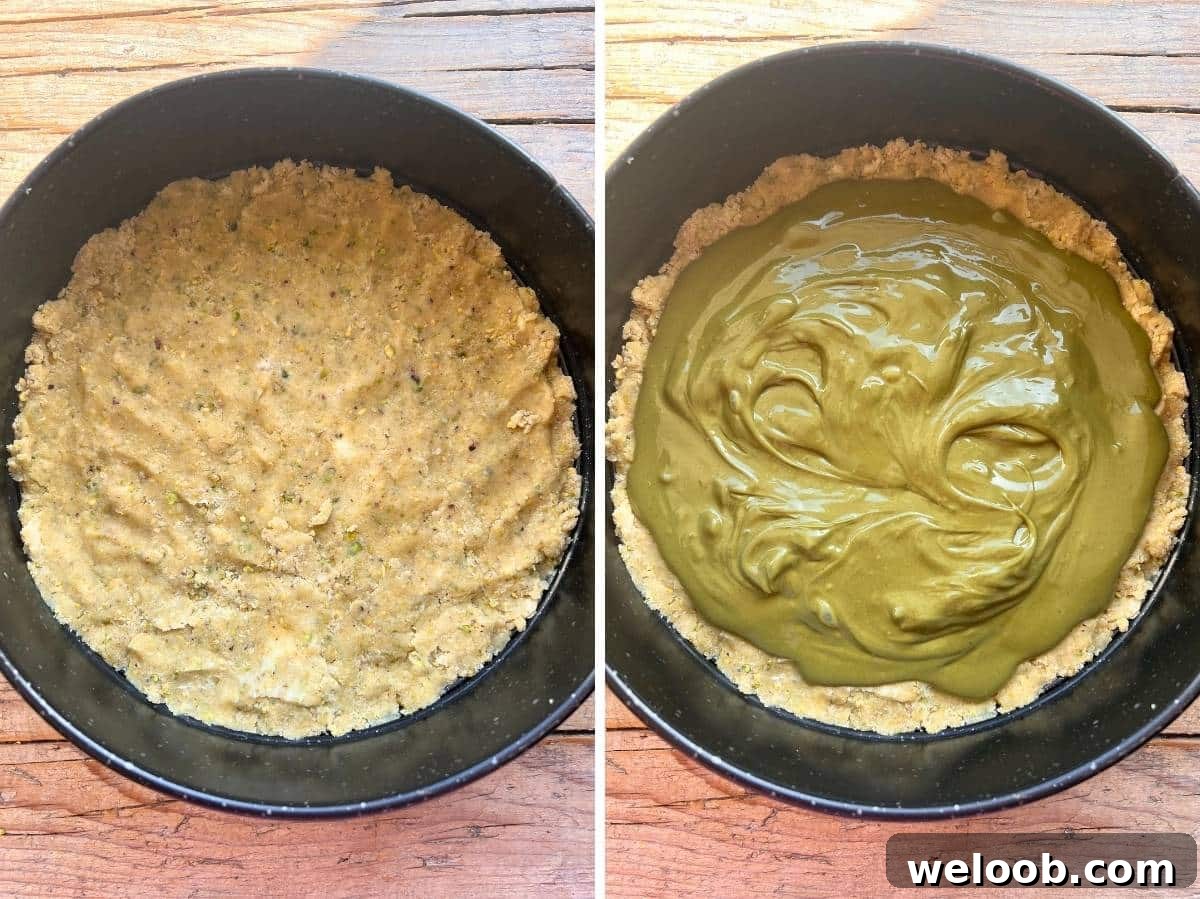 Two photos showing pastry dough in a cake tin topped with pistachio cream,