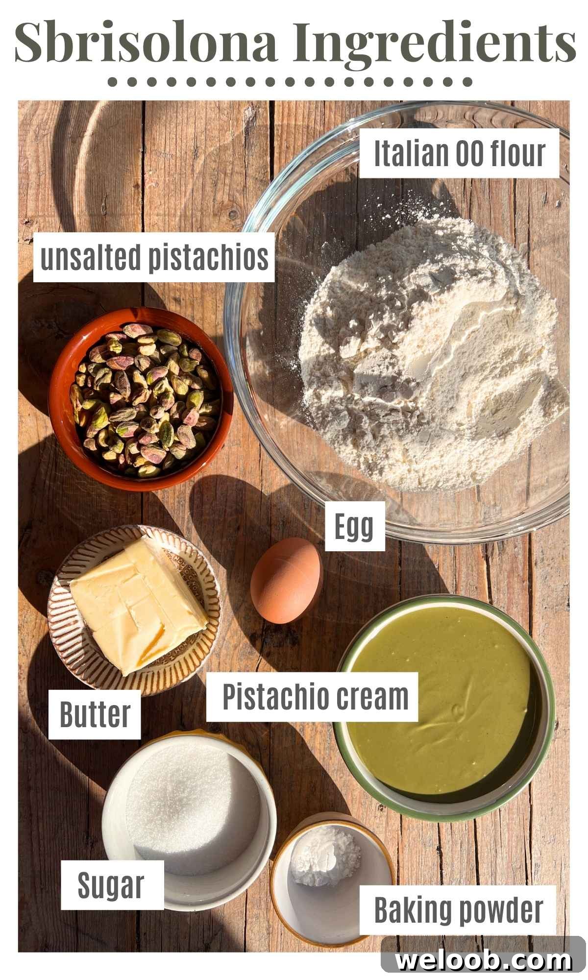 All the ingredients for an Italian pistachio crumb cake in bowls; flour, pistachios, butter, egg, sugar, baking powder and pistachio cream.