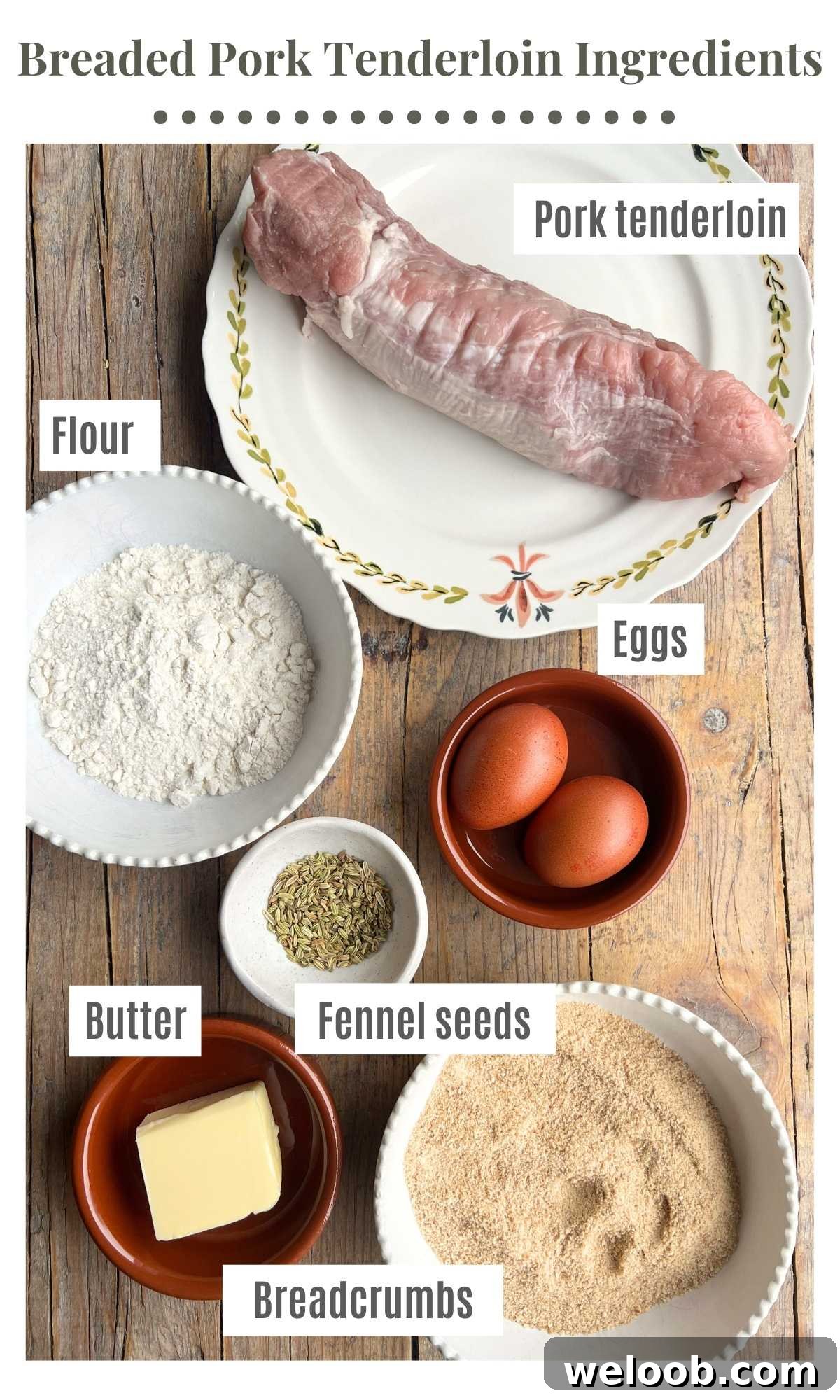 An overhead shot of all the ingredients needed to make breaded pork tenderloin sitting on a wooden surface.