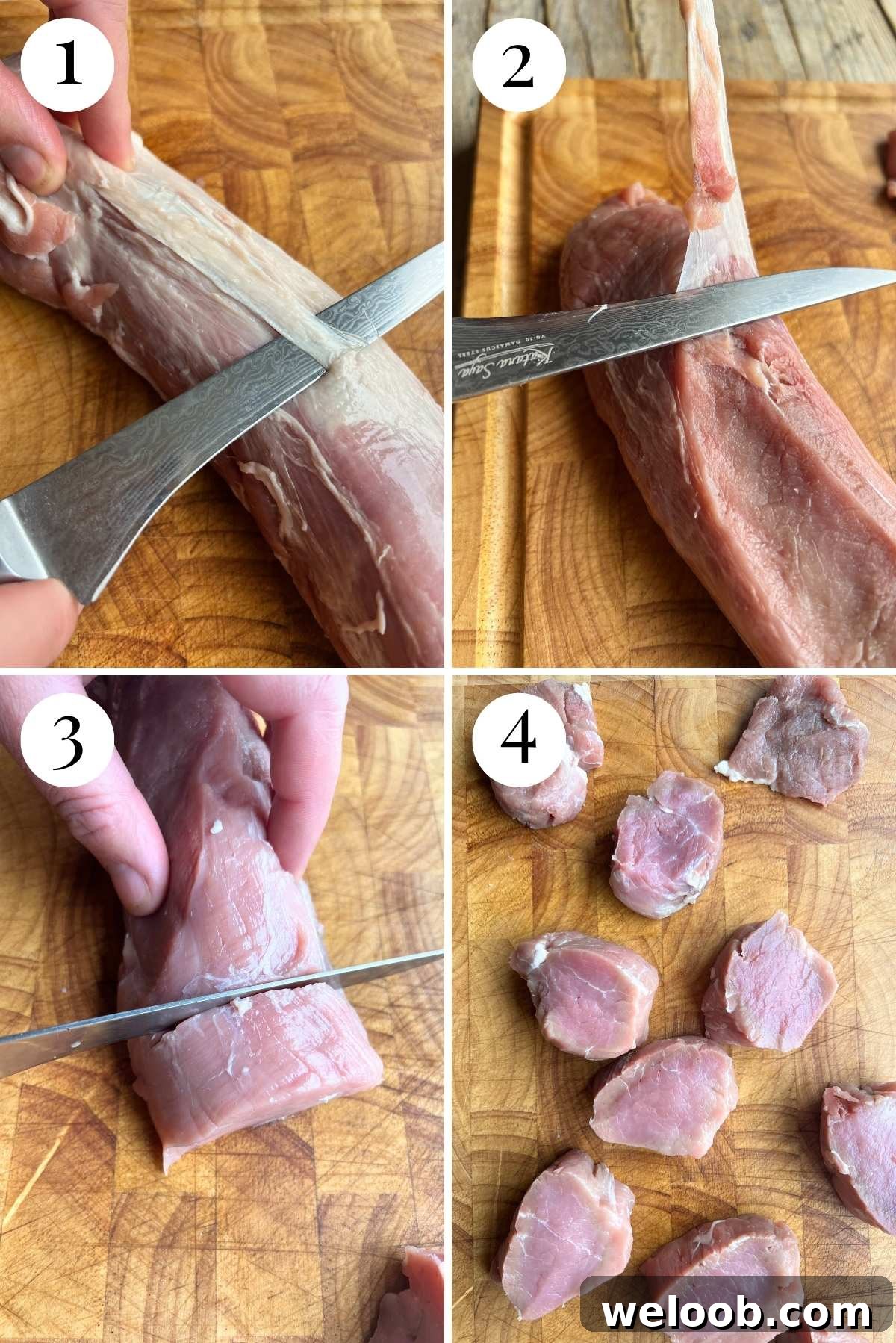 Four photos in a collage showing how to cut sinew from a pork tenderloin.