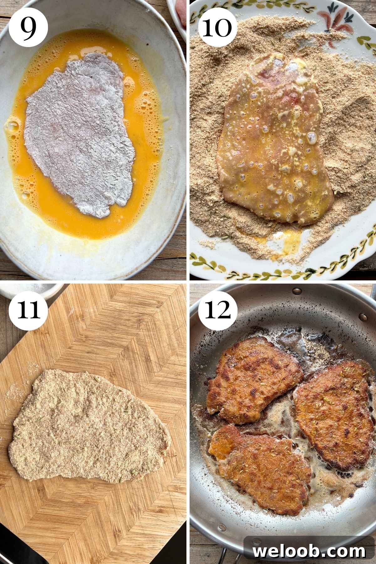 Four photos in a collage showing how to bread and fry slices of pork tenderloin.