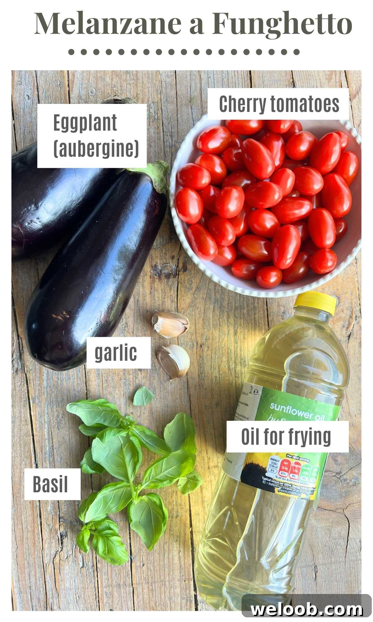 An overhead shot of all the ingredients needed to make fried eggplant in a cherry tomato sauce.
