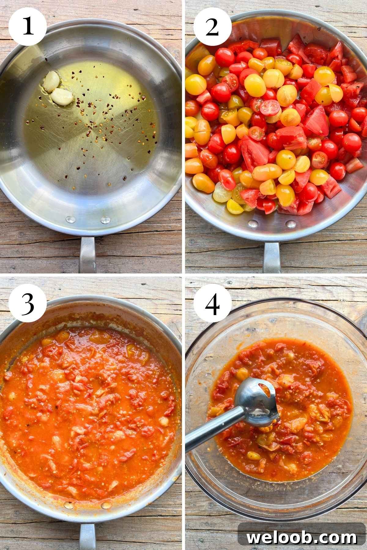 Four photos in a collage showing how to make a tomato sauce with fresh tomatoes and garlic.