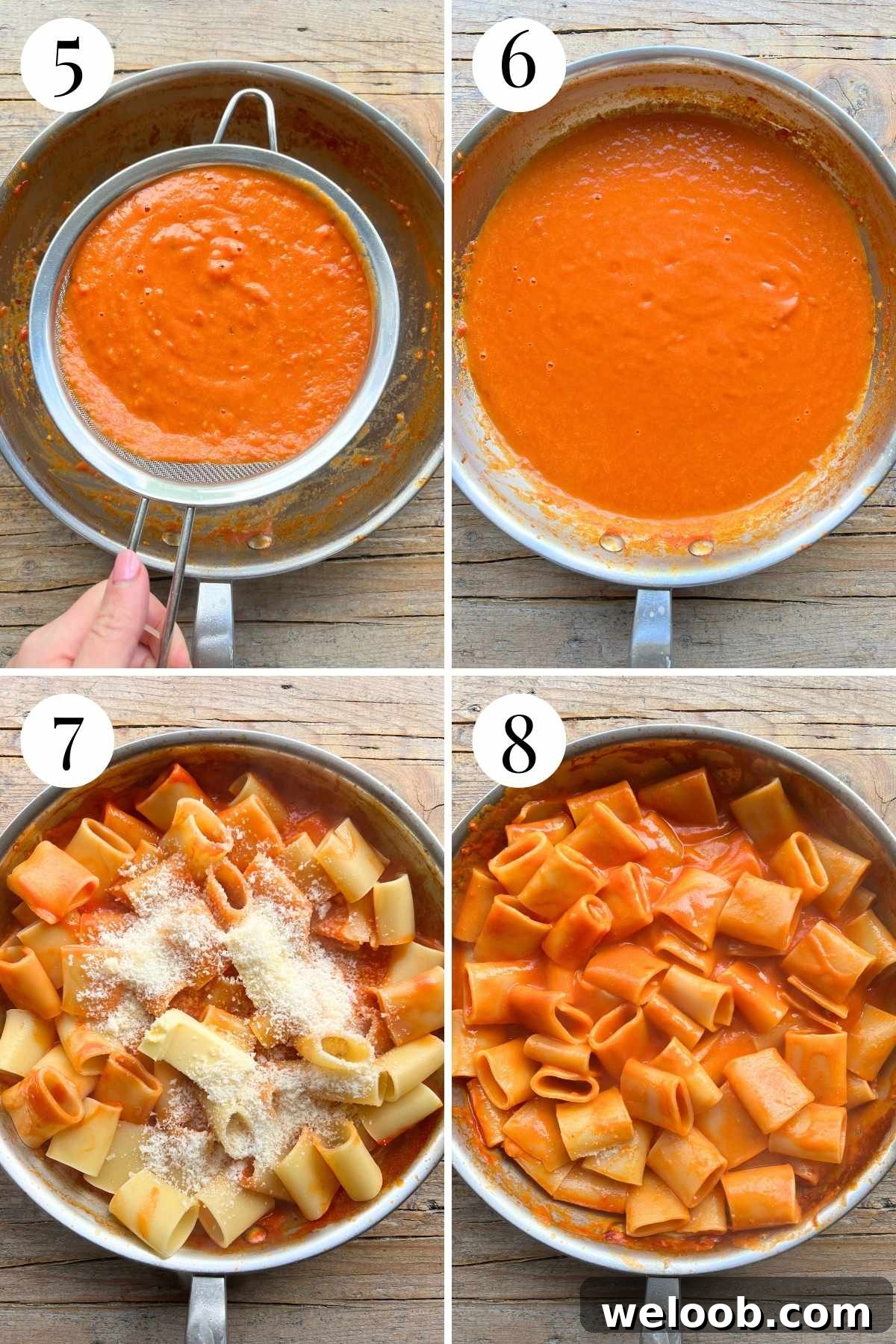 Four photos in a collage showing how to make a silky smooth tomato sauce.