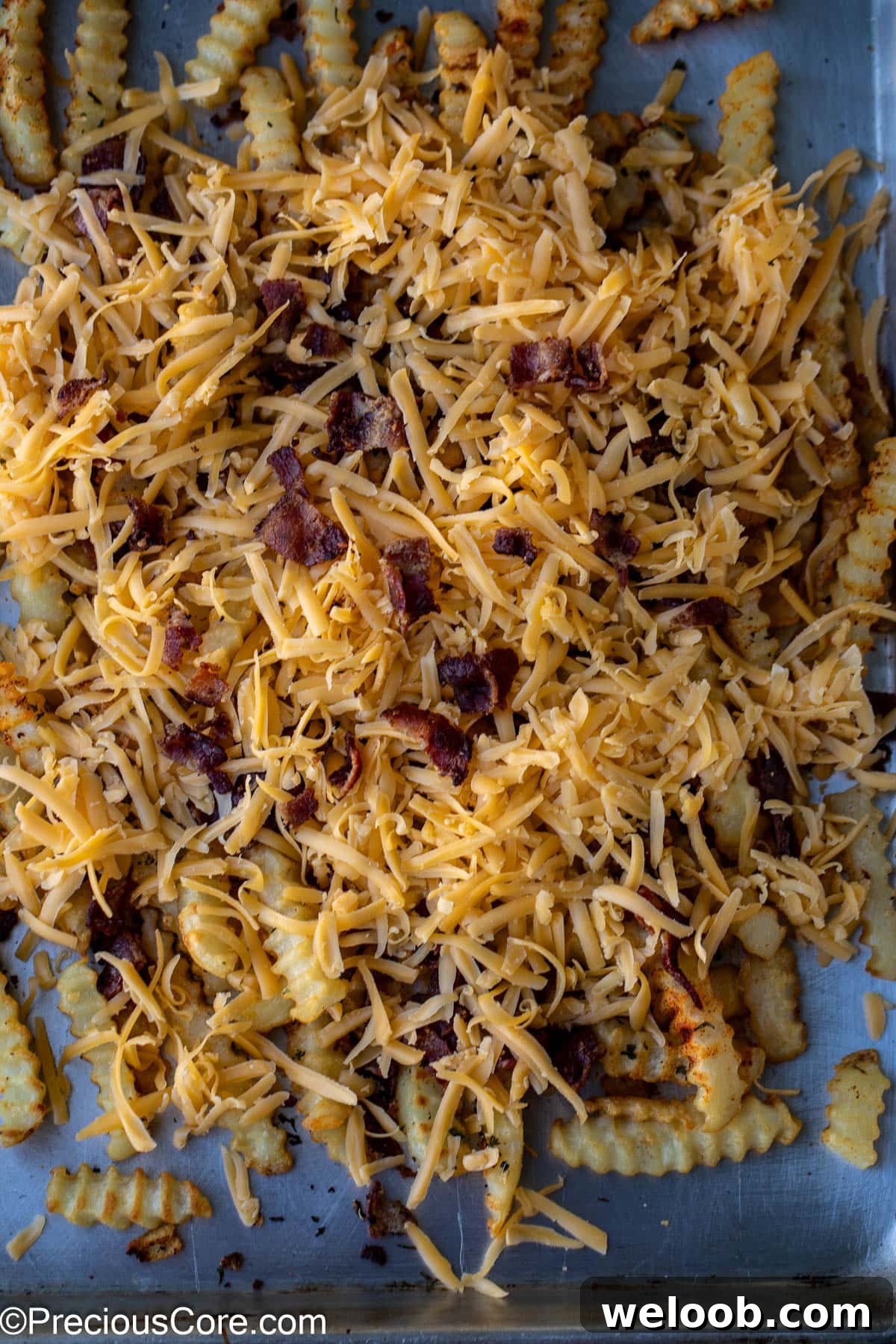 Fries topped with shredded cheddar and bacon.