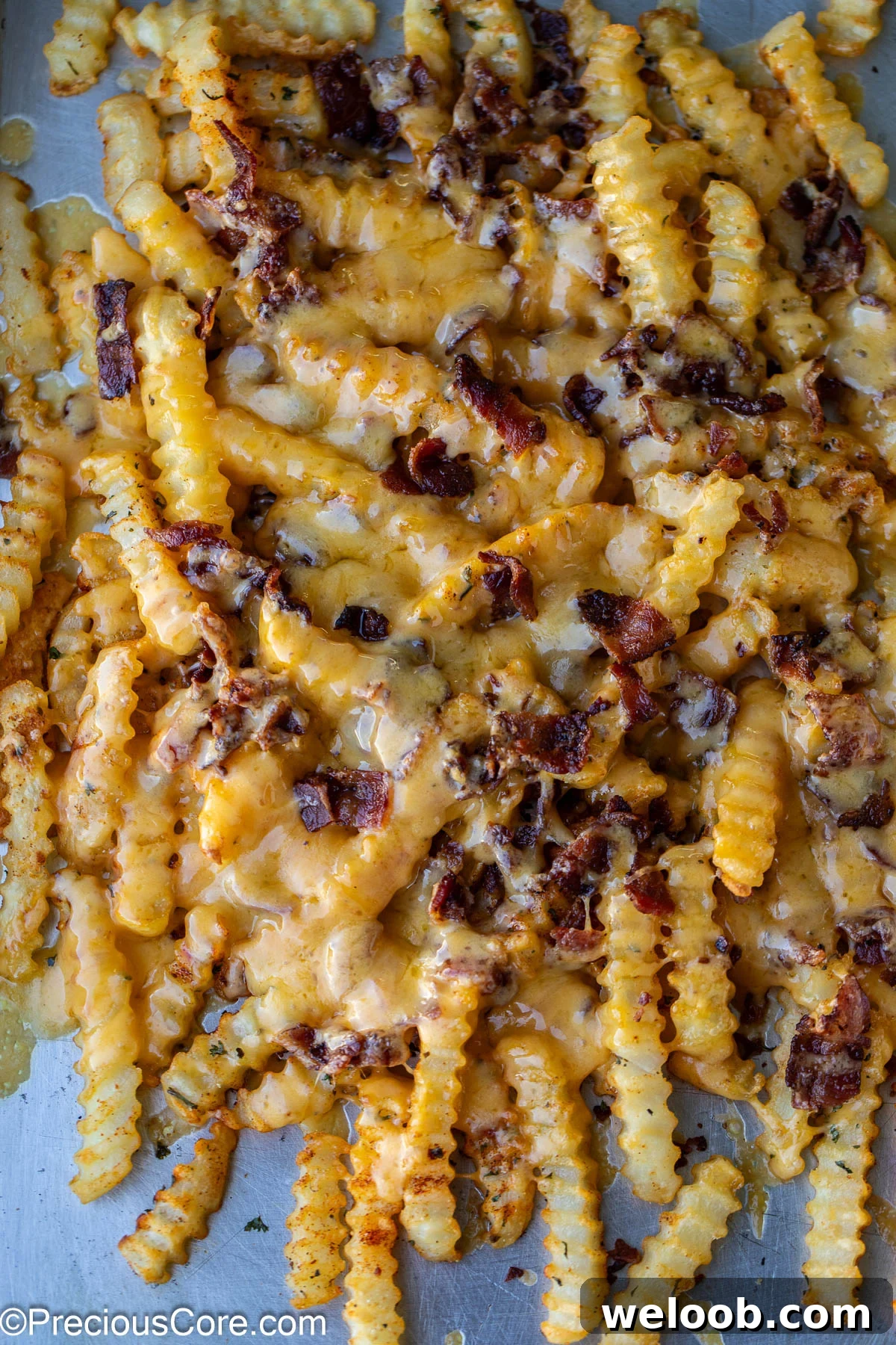 Fries covered with melted cheese and crumbled bacon.