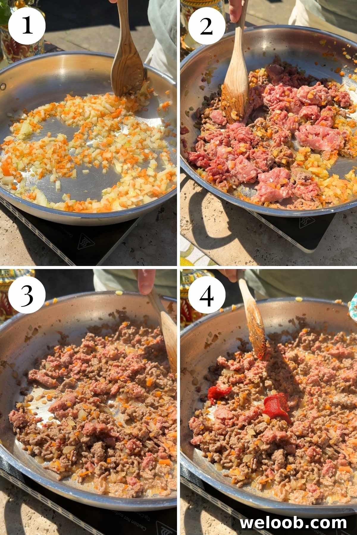 Four photos in a collage showing how to saute vegetables and sausages and beef in a pan with tomato paste and wine.