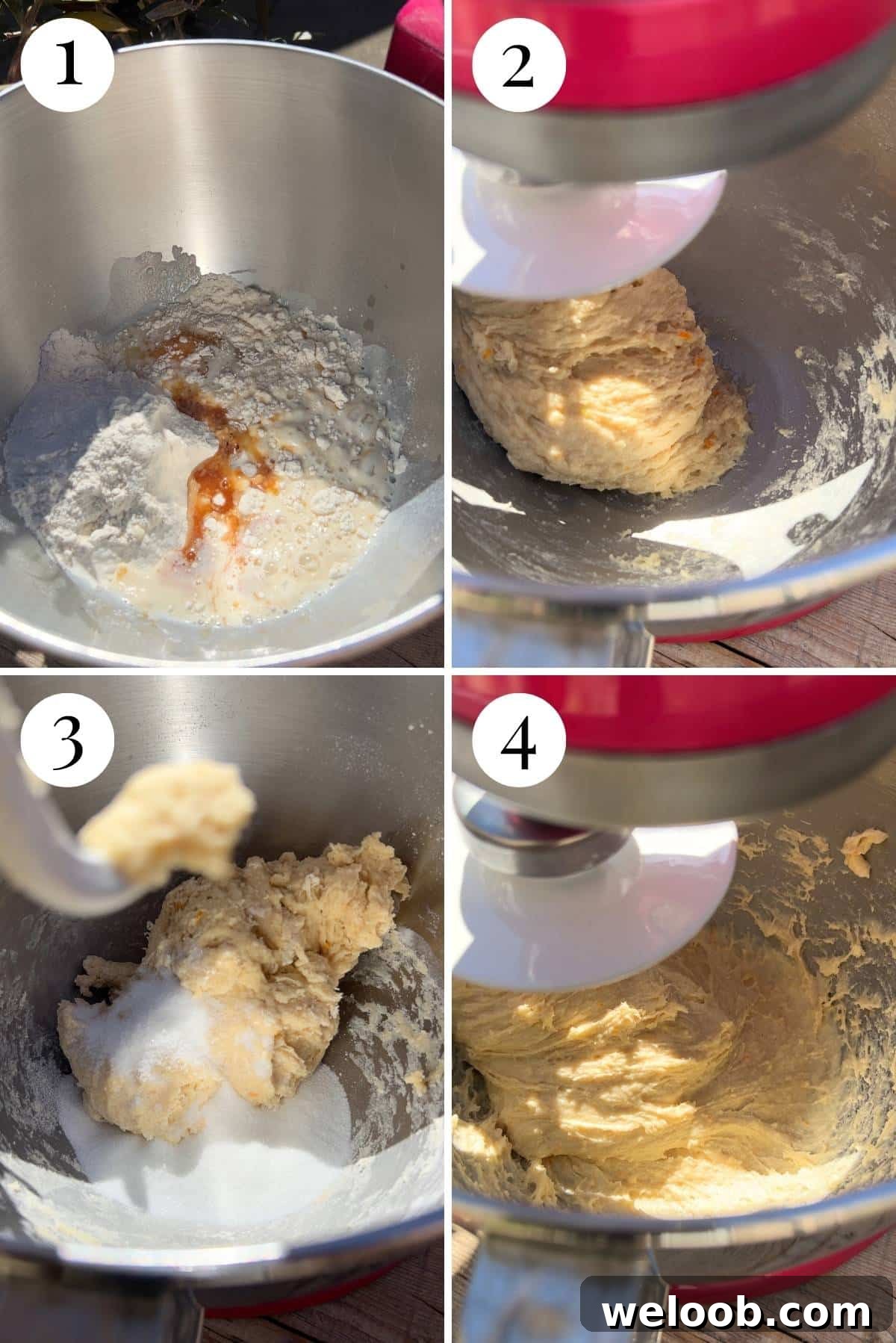 Four photos in a collage showing how to make brioche dough in a stand mixer.