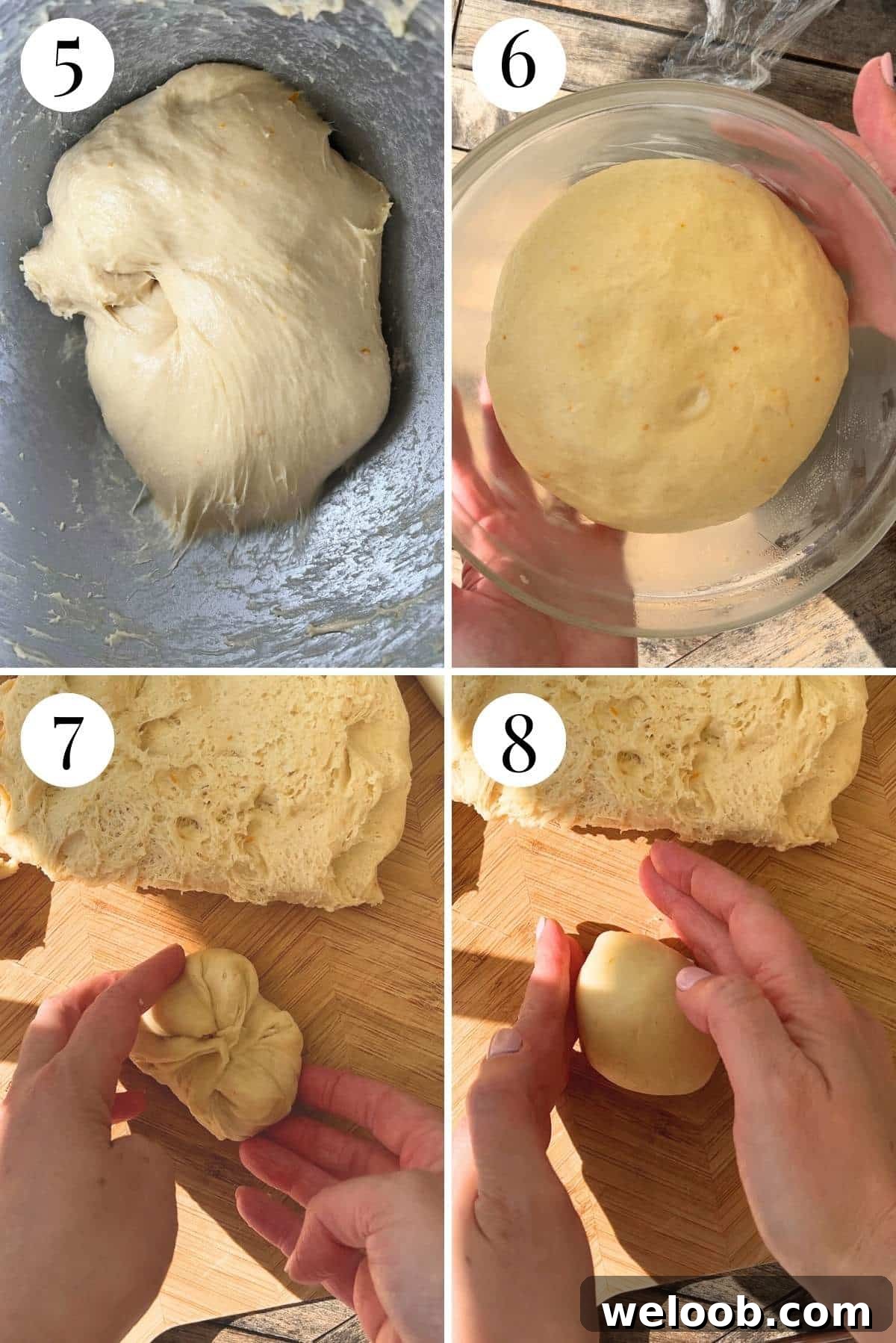 Four photos in a collage showing how to proof and shape brioche dough into buns.