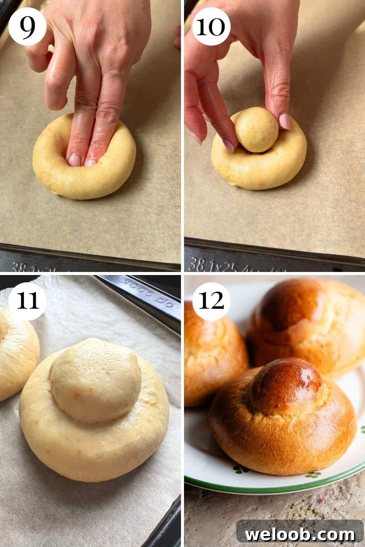Four photos in a collage showing how to shape brioche buns.