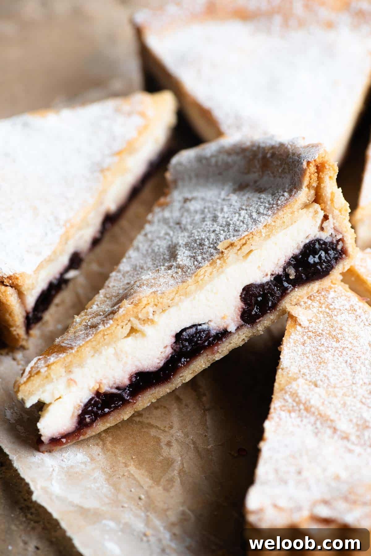 A close up of a slice of ricotta and cherry crostata dusted with powdered sugar.