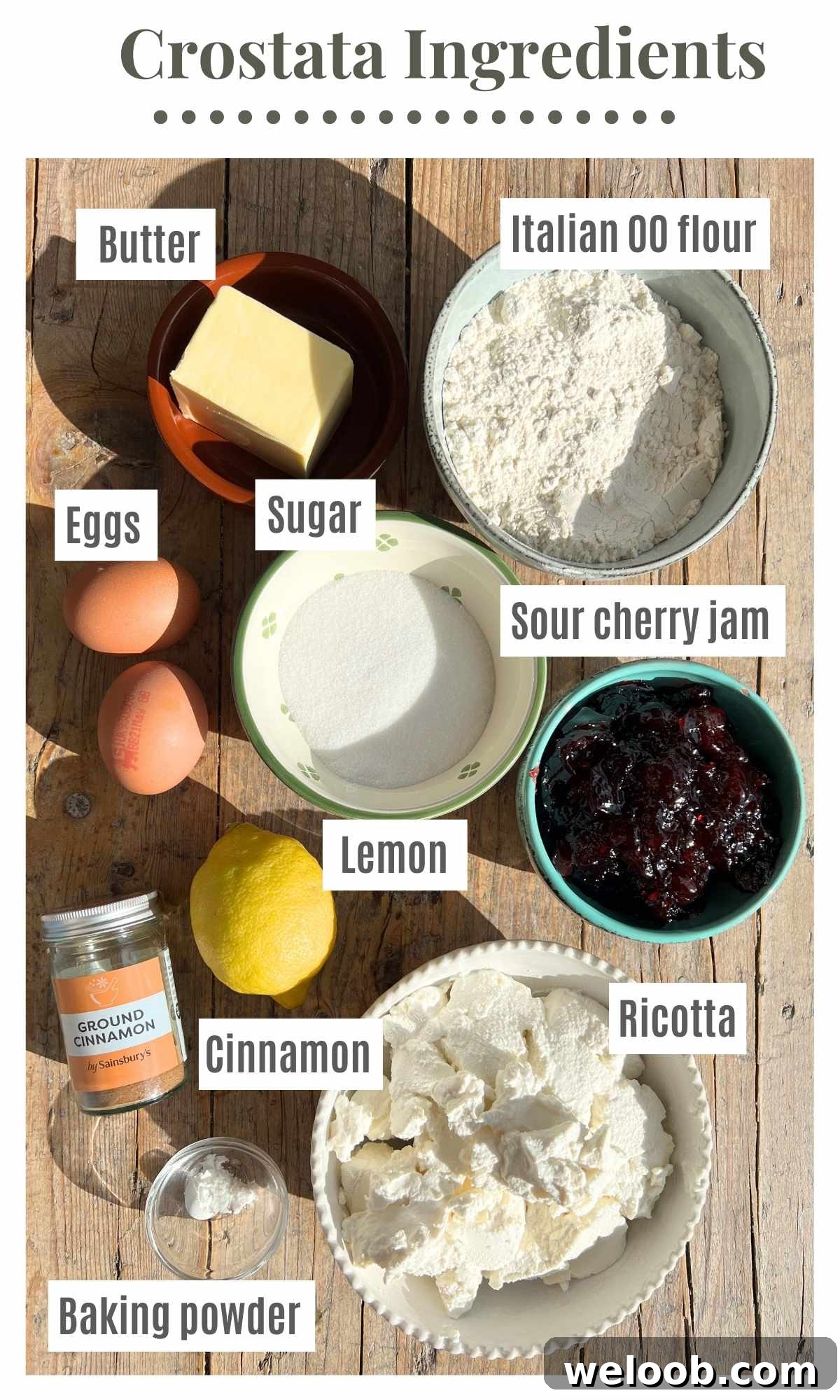 All the ingredients needed to make crostata ricotta e visciole on a wooden surface.