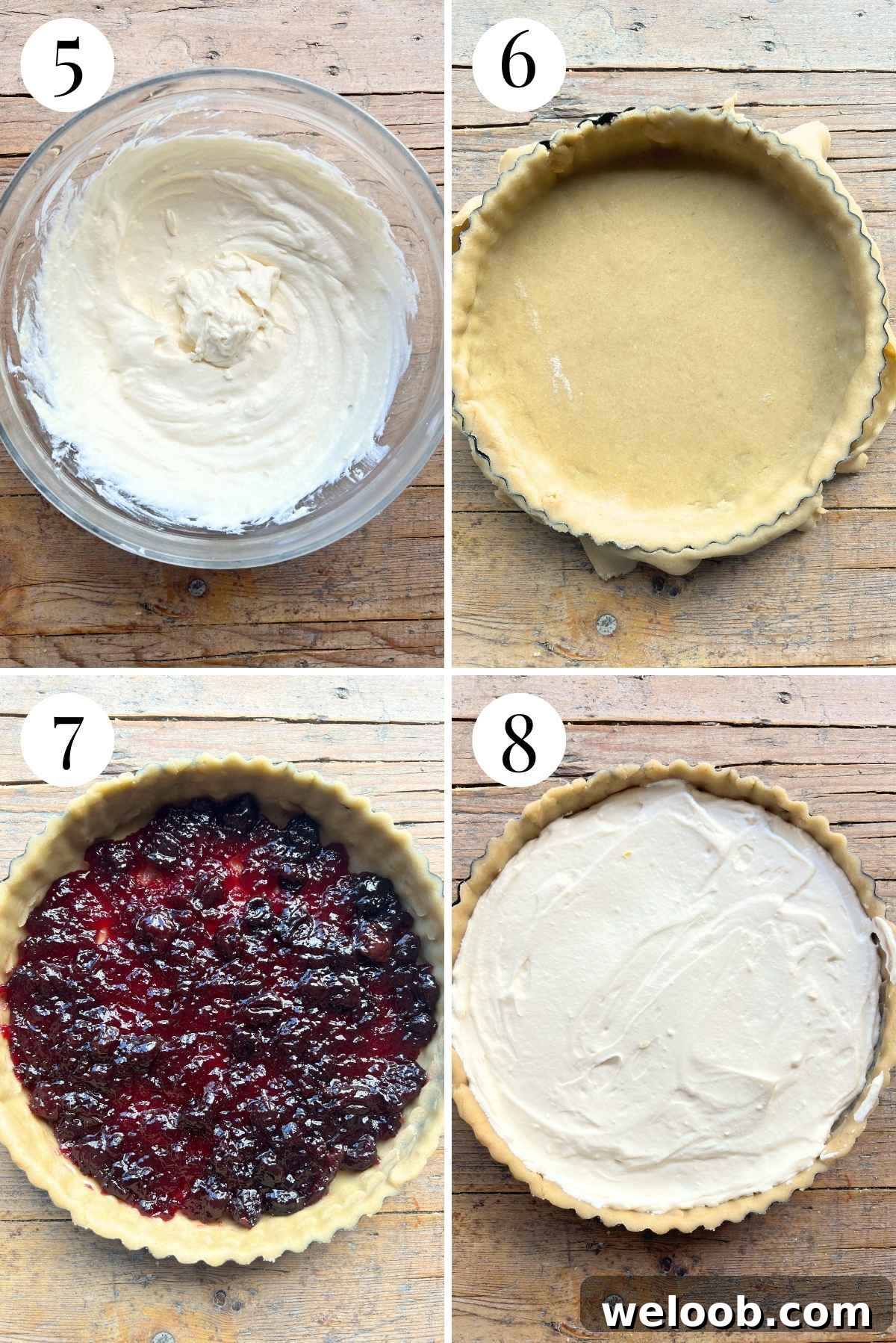 Four photos showing how to line a tart pan with pastry dough and fill it with jam and ricotta.