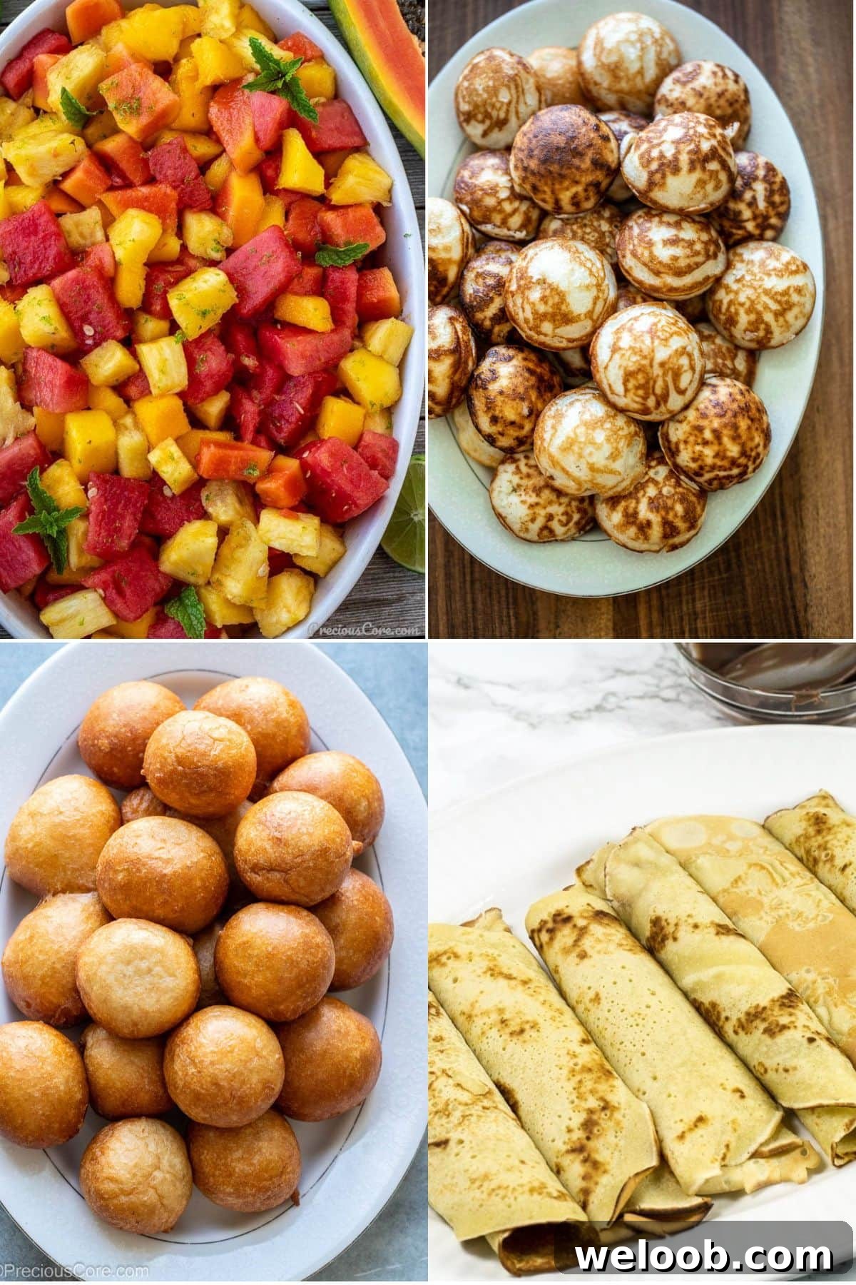 Collage of four African breakfast food recipes including twisted doughnuts and fruit salad.