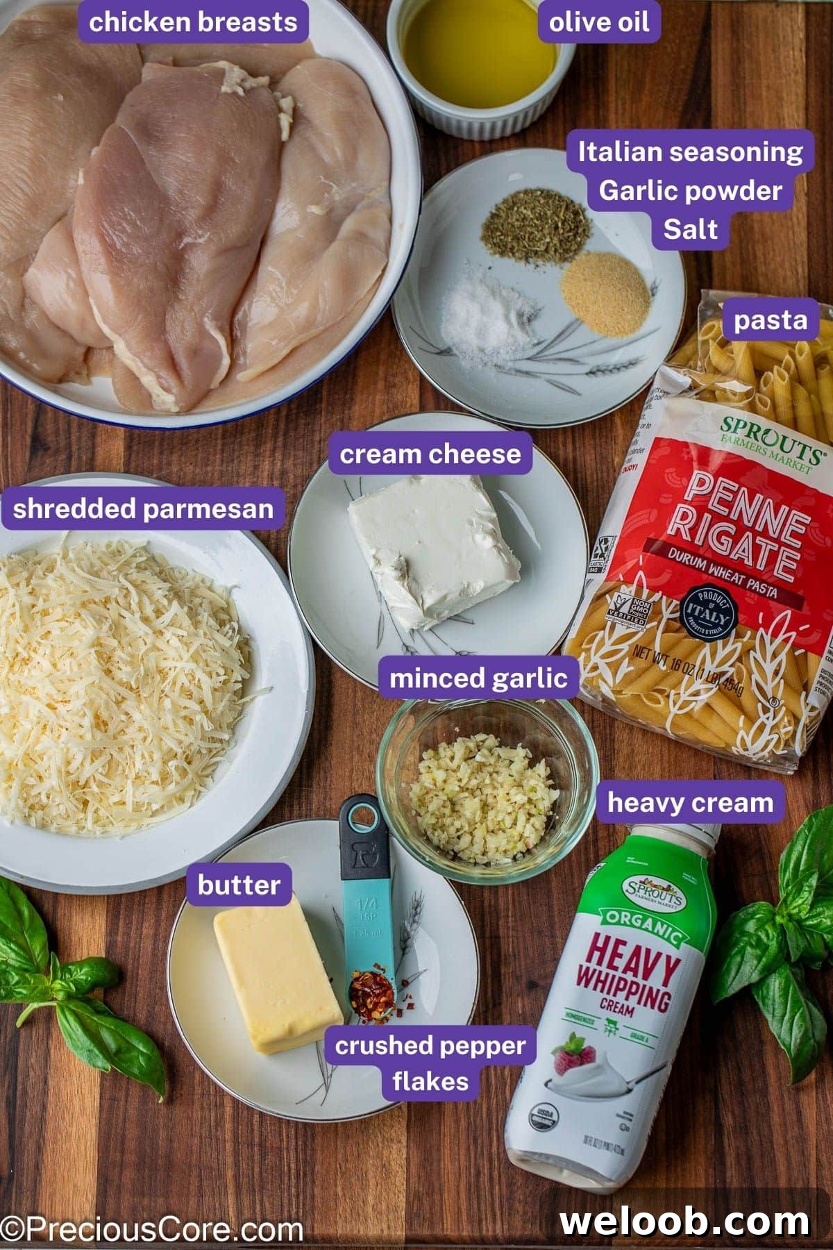 Ingredients for creamy parmesan chicken pasta with labels on them.