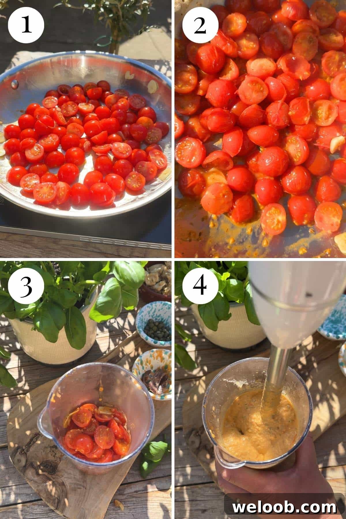 Four photos in a collage showing how to make a tuna pasta sauce with sauteed tomatoes.