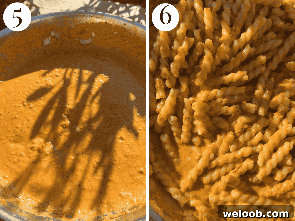 Two photos showing the sauce consistency and pasta being tossed in the sauce.