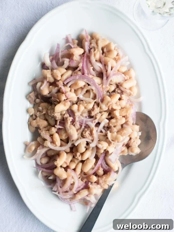 An overhead shot of cannellini beans, tuna and onion on a white platter.