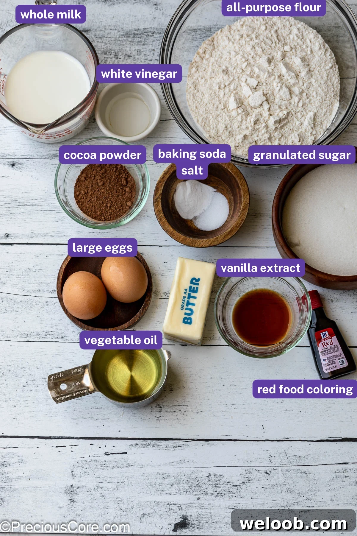Ingredients for red velvet cake recipe without buttermilk.