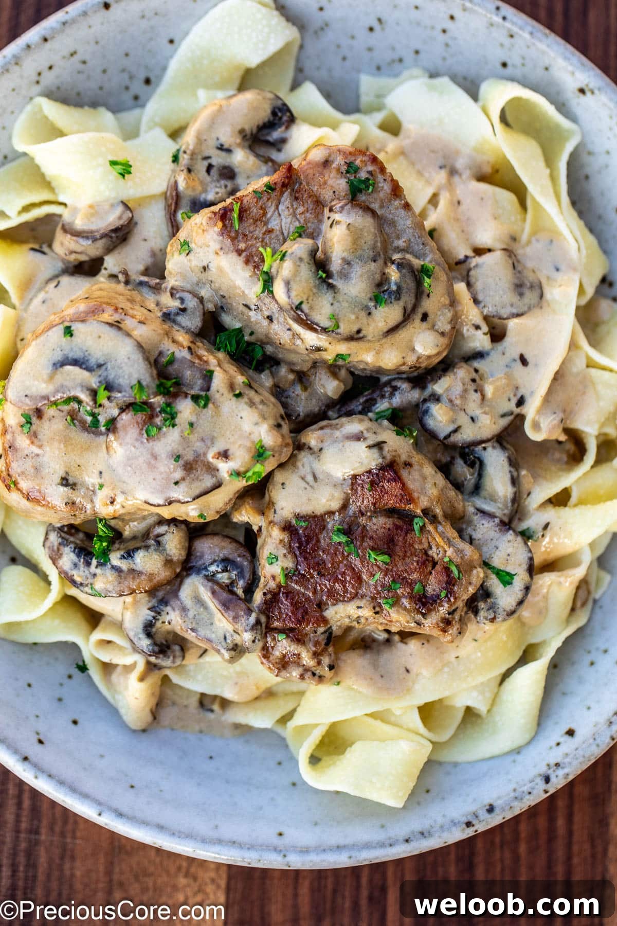 Pork tenderloin in creamy mushroom sauce and pasta in a bowl.