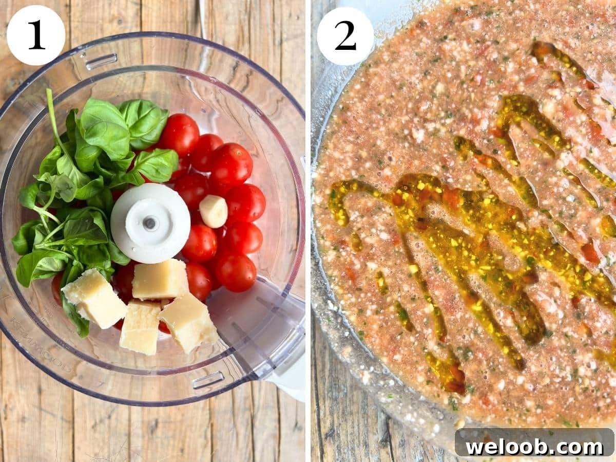 Two photos showing the before and after of blitzing a tomato sauce in a food processor.