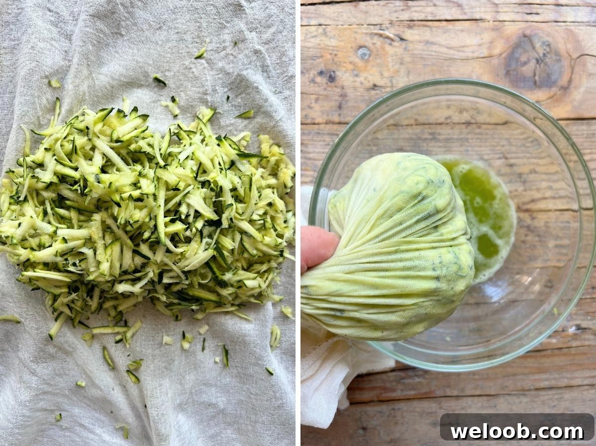 two photos in a collage showing grated zucchini sitting on cheesecloth and squeezing the water out of it into a bowl.