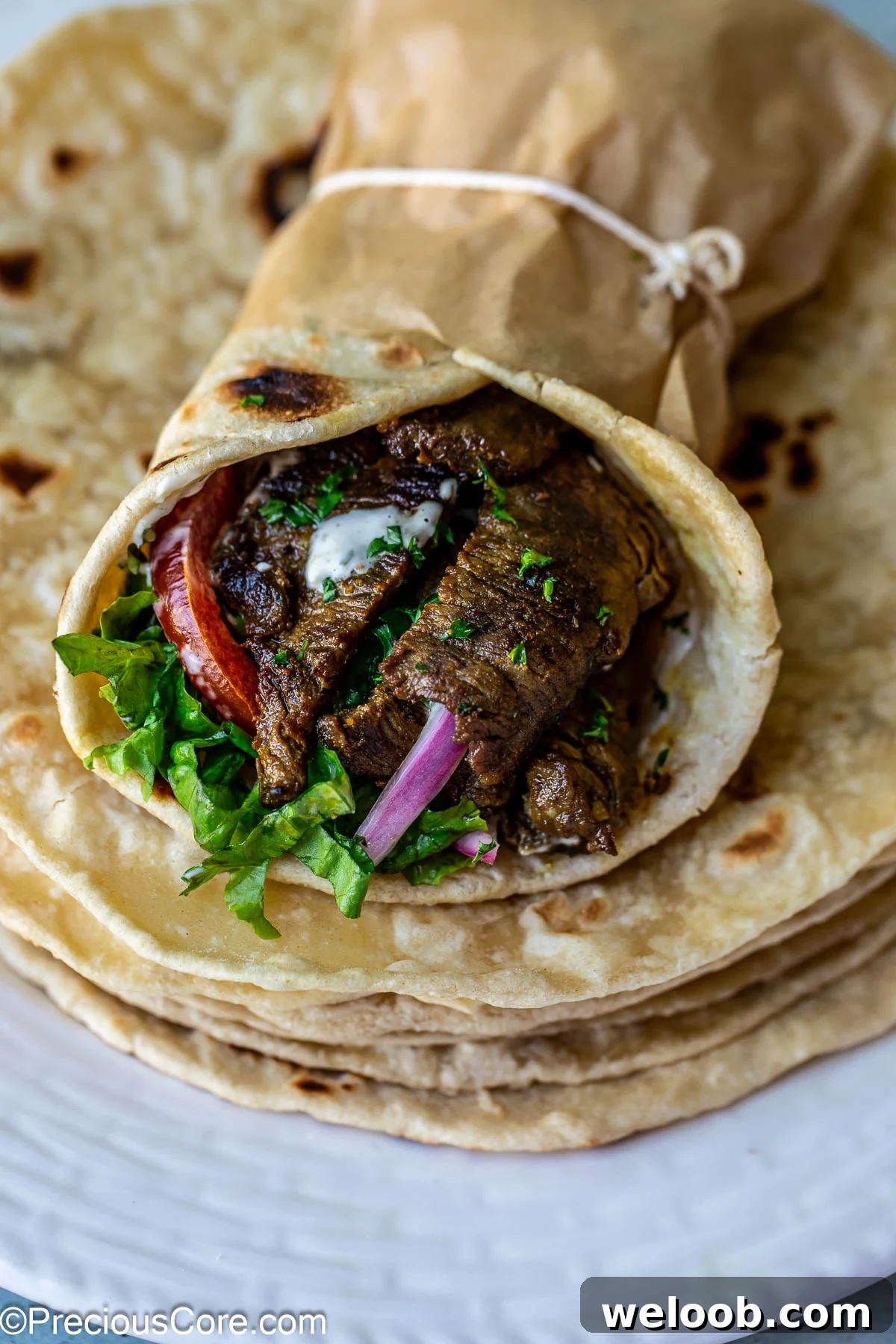 Freshly made beef shawarma wrap.