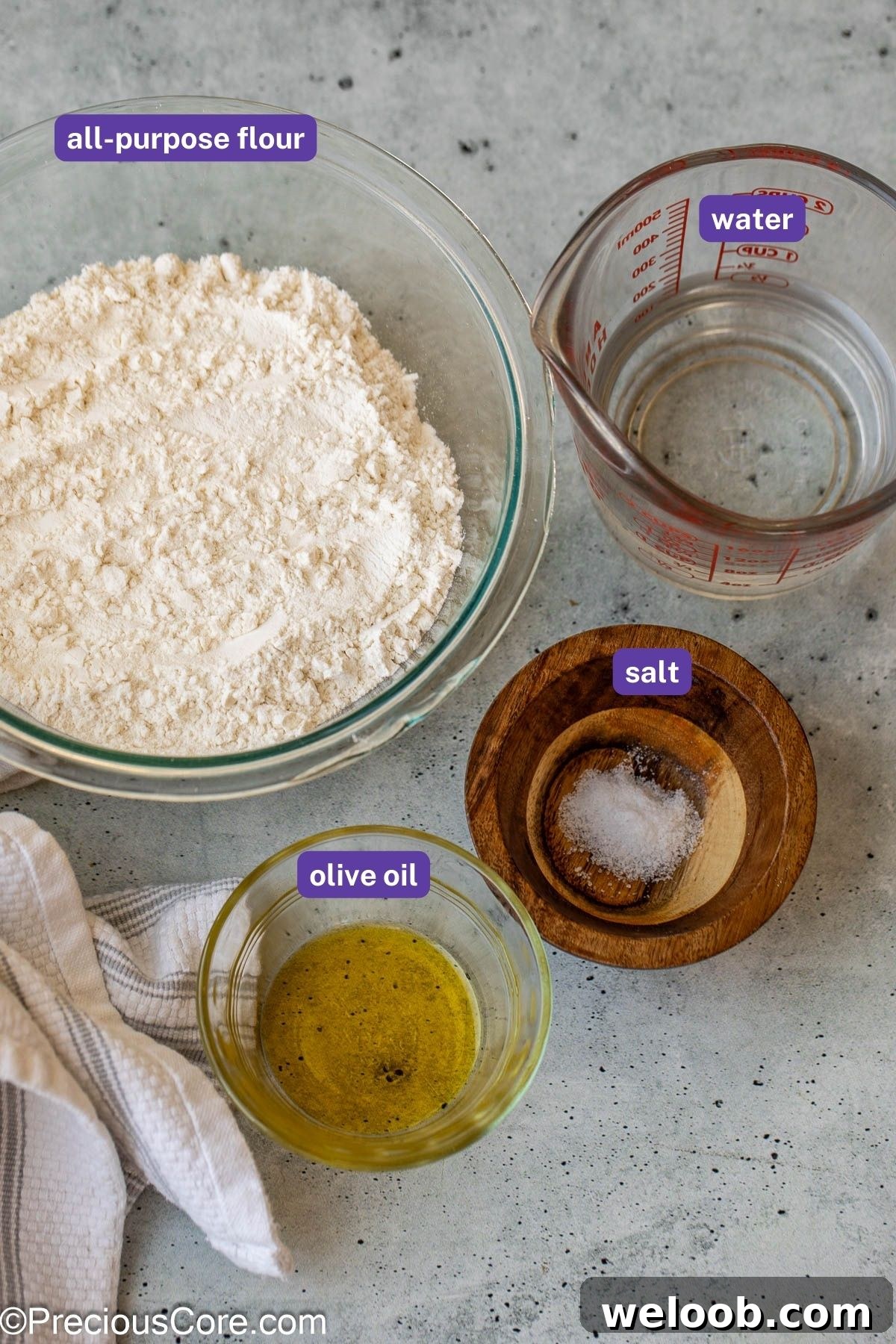 Measured ingredients for shawarma bread.