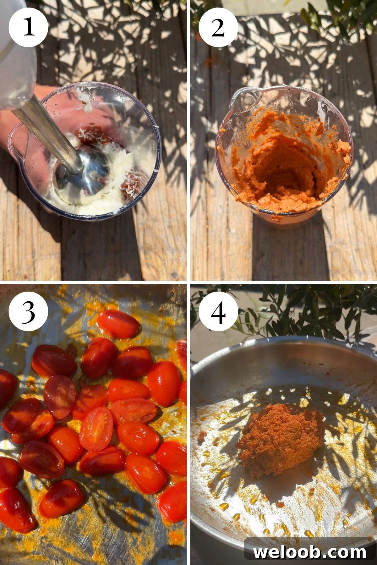 Four photos in a collage showing how to blitz a sundried tomato paste and saute tomatoes for a pasta sauce.