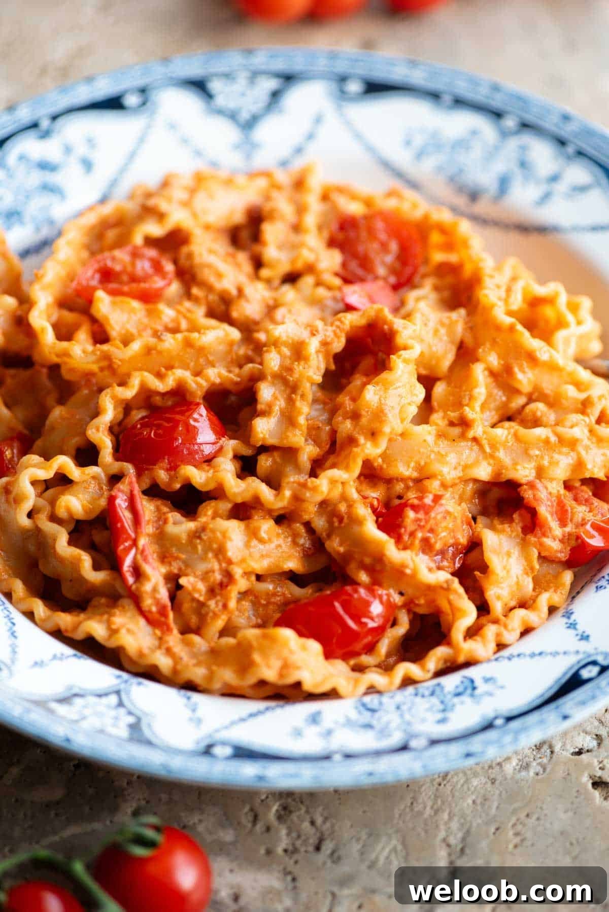 A close up of pasta ribbons in a tomato and stracchino cheese sauce on a blue and white vintage style bowl.