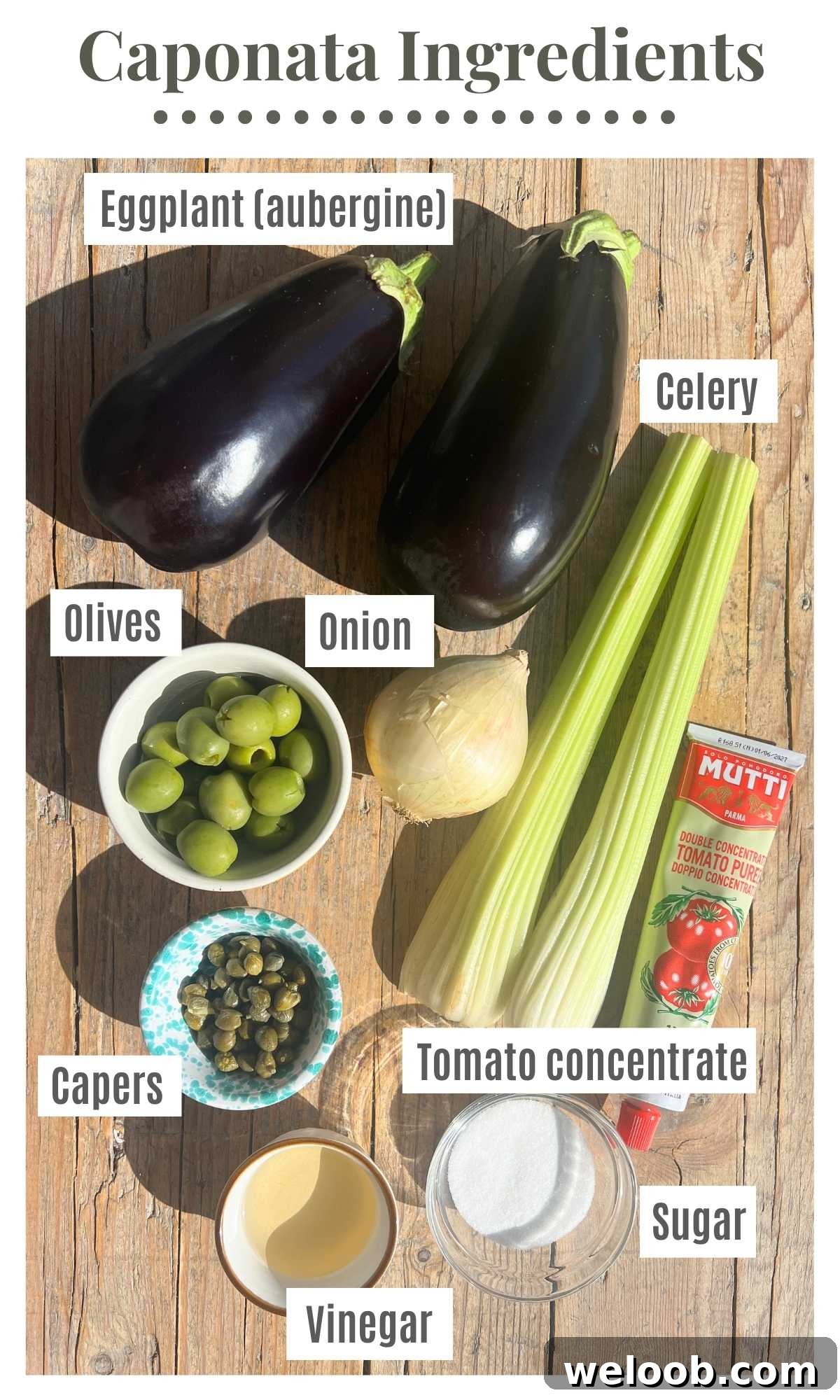 All the ingredients needed to make caponata on a wooden surface.