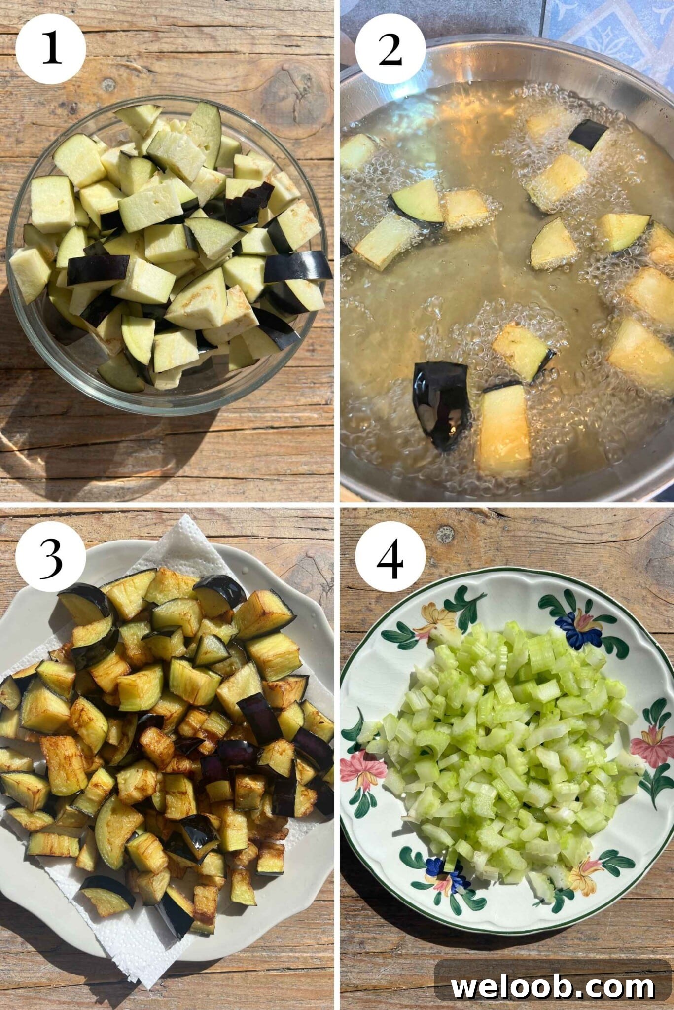 Four photos in a collage showing how to fry eggplant. The last photos shows celery cut up into small pieces.