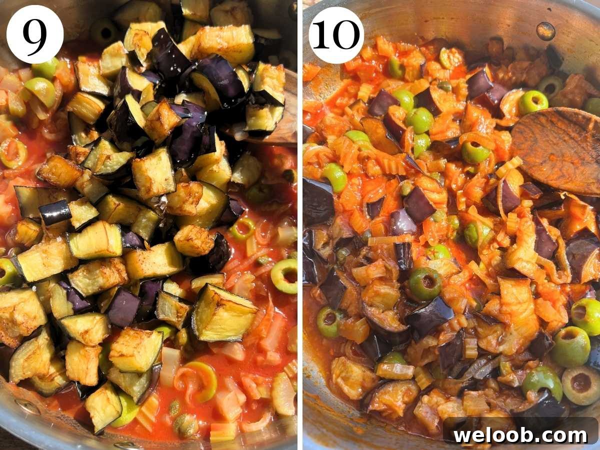 Two photos showing before and after addign the fried eggplant to caponata.